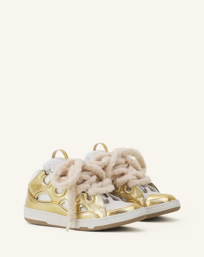 Curb Metallic Leather Sneakers med mesh-skosnören Curb Metallic Leather Sneakers med mesh-skosnören