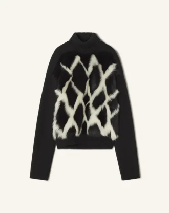 Turtleneck-tröja i ull och läder med intarsia