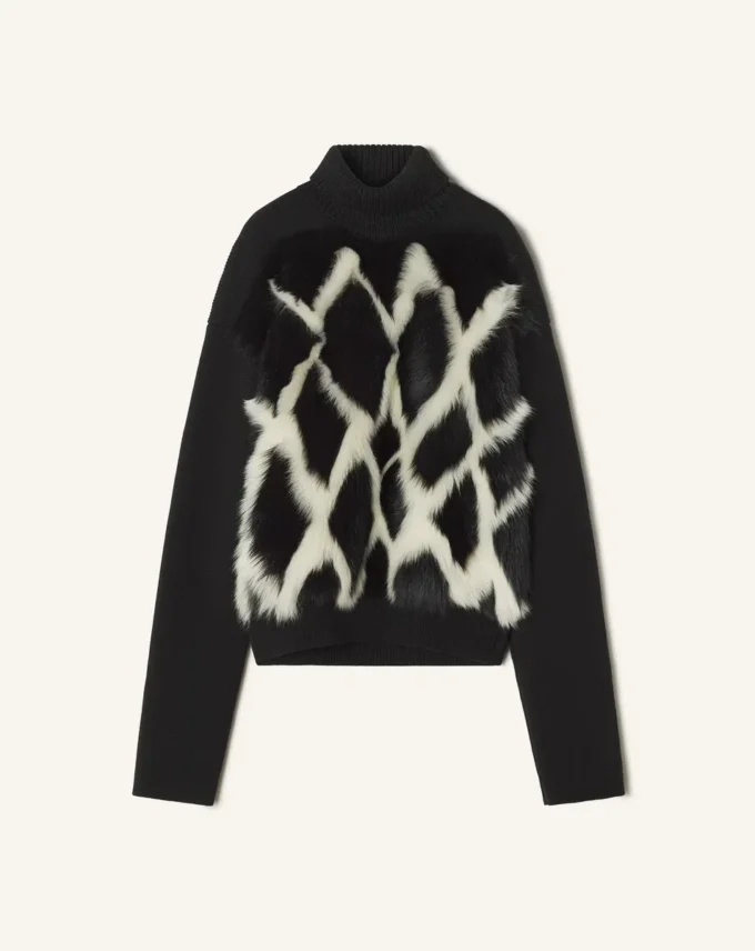 Turtleneck-tröja i ull och läder med intarsia Turtleneck-tröja i ull och läder med intarsia