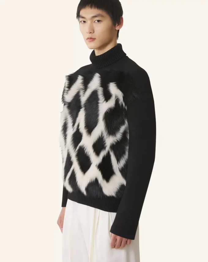 Turtleneck-tröja i ull och läder med intarsia Turtleneck-tröja i ull och läder med intarsia