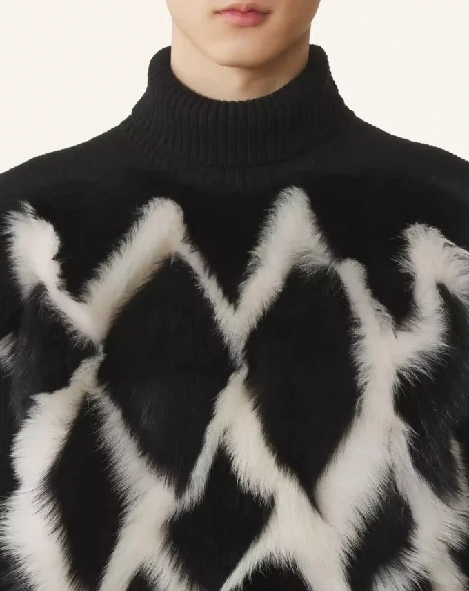 Turtleneck-tröja i ull och läder med intarsia Turtleneck-tröja i ull och läder med intarsia